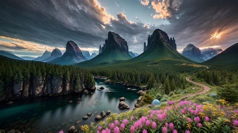 Nuvens céus montanhas lago sereno ilustração de paisagem mística ai