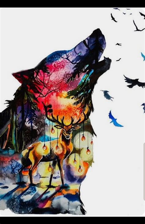 Howling Wolf, animals, art, belle night, boho, colorfull, deer, drawing ...