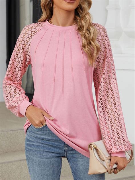 Crew Neck Long Sleeve Plain Lace Regular Micro Elasticity Loose Blouse