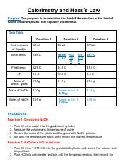 Calorimetry And Hess Lab 1 2 Pdf Calorimetry And Hesss Law Purpose