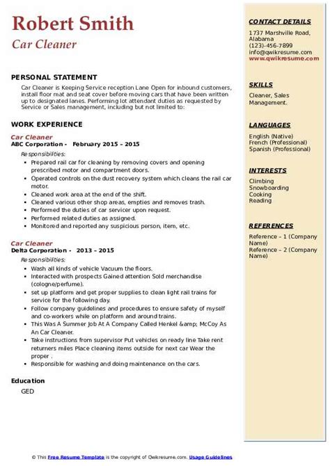 Car Cleaner Resume Samples QwikResume