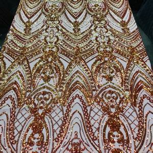 Iridescent Orange Sequin Nude Mesh Damask Design 4 Way Stretch Sequin Fabric Spandex Mesh Prom