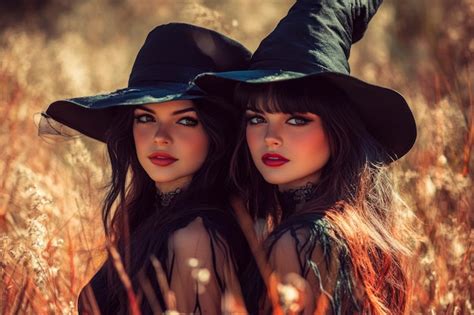 Two Twin Sisters Dressed As Witches Posing Outdoors In A Sunny Field