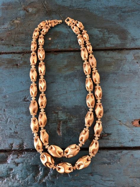 Vintage Monet Signed Double Strand Gold Tone Necklace Gem