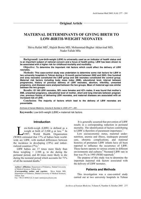 Pdf Maternal Determinants Of Giving Birth To Low Birth Weight Neonates