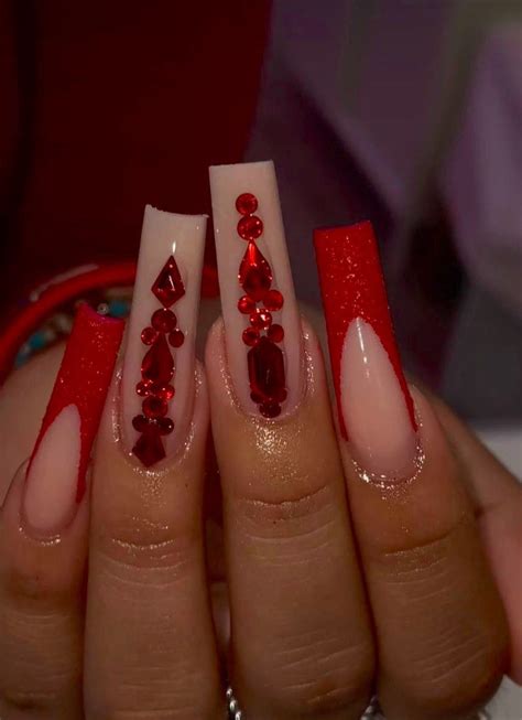 Red Acrylic Nails With Rhinestones