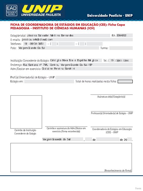 FICHA DE COORDENADORIA DE ESTÁGIOS EM EDUCAÇÃO CEE Ficha Capa