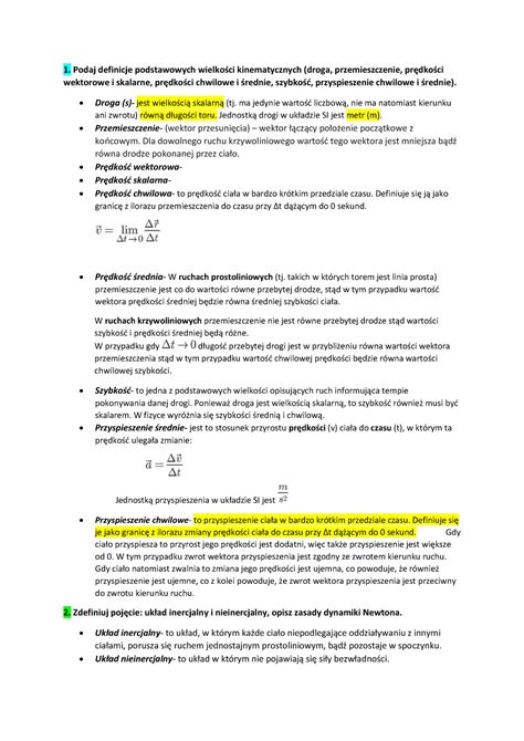 Fizyka Zagadnienia Do Kolokwium Podaj Definicje Podstawowych