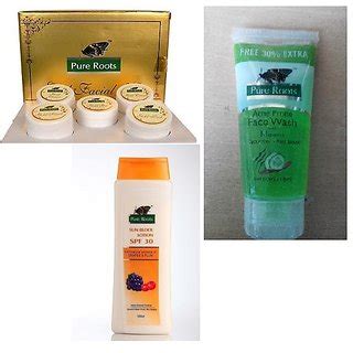 Pure Roots Face Wash Neem 65ml Gold Facial Kit 100gm Sun Block Lotion