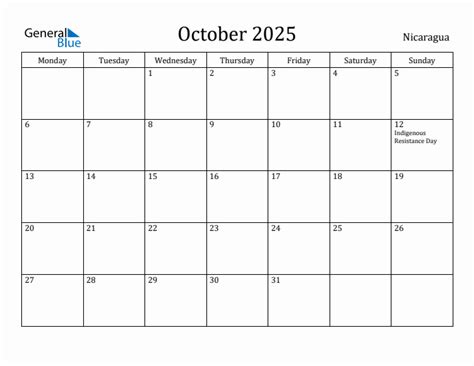 October 2025 - Nicaragua Monthly Calendar with Holidays