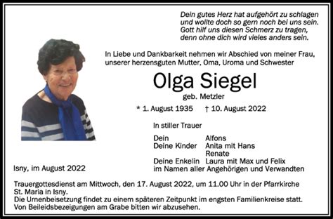 Traueranzeigen Von Olga Siegel Schwaebische De Trauerportal