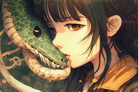 Beautiful girl kissing a snake, manga style Anime character ...