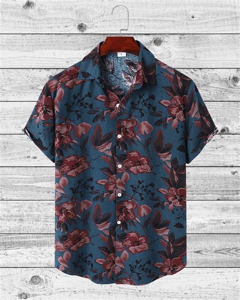 Navy Floral Short Sleeve Button Up Shirt Botanical Shirt Etsy