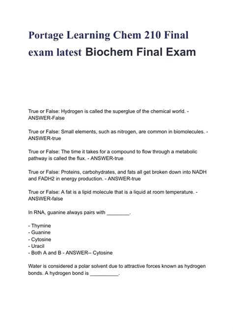 Portage Learning Chem Final Exam Latest Biochem Final Exam