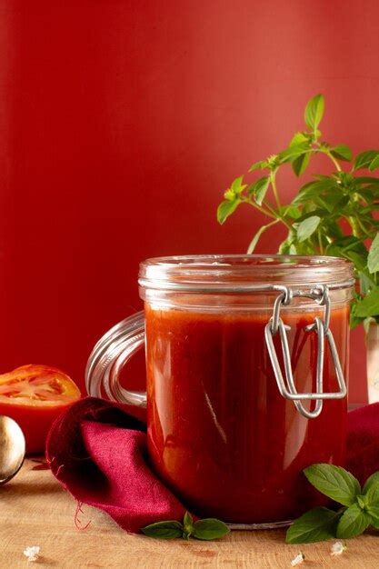 Premium Photo Fresh Tomato Sauce In A Glass Jar In A Wooden Table And A Red Background In