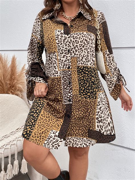 SHEIN LUNE Plus Patchwork Leopard Print Shirt Dress SHEIN USA