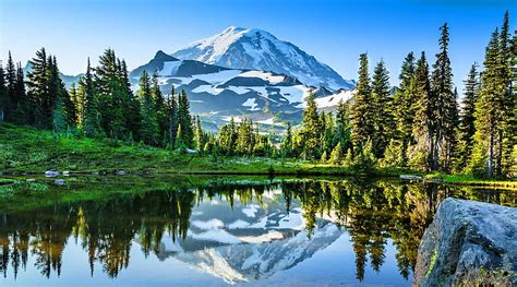 Mountain Reflection Rocks Shore Bonito Clouds Snowy Mirrored