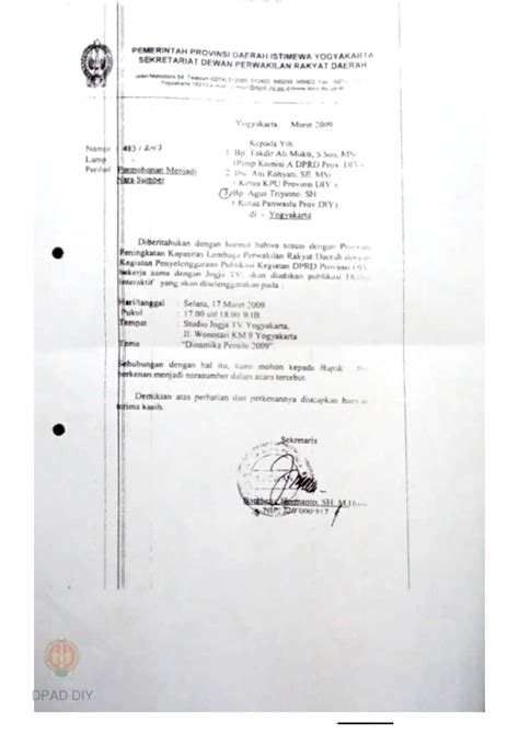 Surat Dari Sekretariat Dprd Diy Kepada Ketua Panwaslu Diy Tentang Permohonan Narasumber Dalam