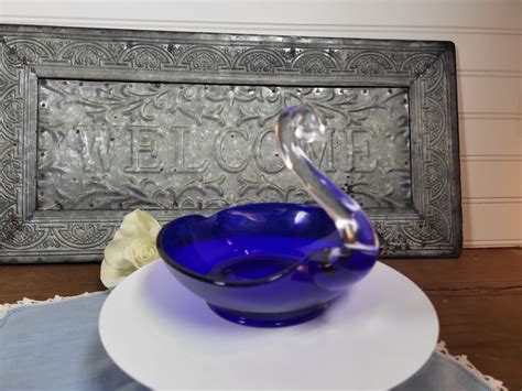 1970s Cobalt Blue Art Glass Swan Trinket Dish Heart Shaped Etsy