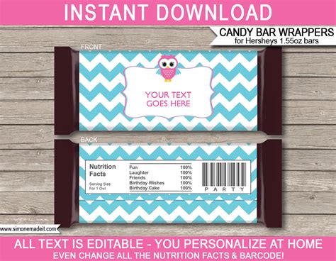 Owl Hershey Candy Bar Wrappers Personalized Candy Bars Pink Aqua