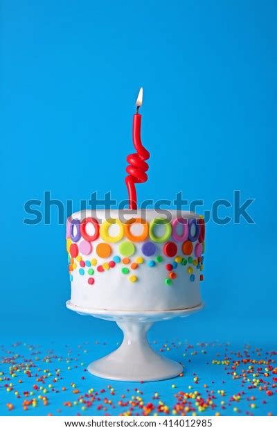 Birthday Cake One Candle On Blue Stock Photo 414012985 Shutterstock