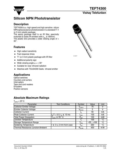 TEFT4300 Datasheet PDF Silicon NPN Phototransistor