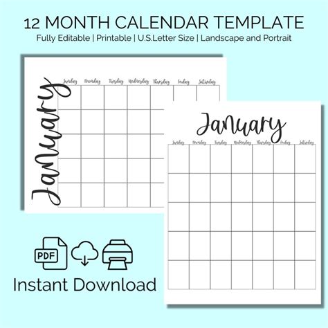 Calendar Template Editable 12 Month Blank Calendars Undated Instant Download Printable