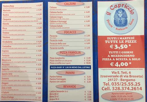 Menu at Il Capriccio pizzeria, Bergamo