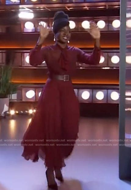 WornOnTV Danai Guriras Burgundy Sheer Tie Neck Dress On The Kelly