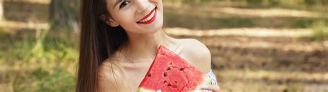 Download Wallpaper Girl Brunette Smile Watermelon Lips Forest Dress Leona Mia Section