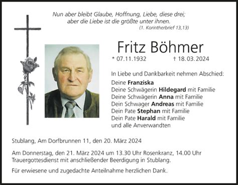 Fritz Böhmer Traueranzeige trauer inFranken de