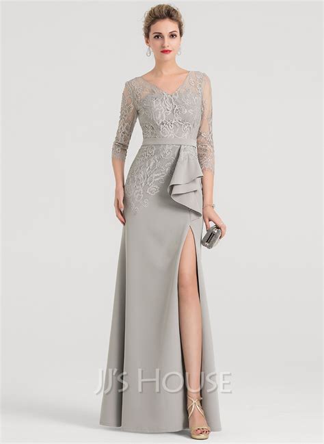 Sheath Column V Neck Floor Length Stretch Crepe Evening Dress With