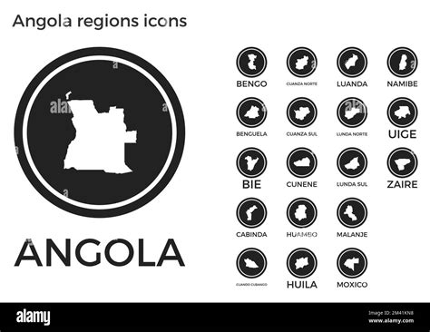 Iconos De Las Regiones De Angola Logotipos Redondos Negros Con Mapas Y