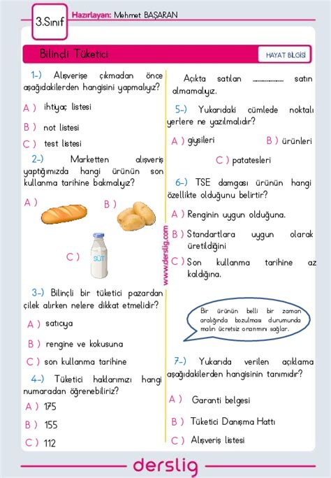 3 Sınıf Hayat Bilgisi Bilinçli Tüketici Yaprak Test Derslig