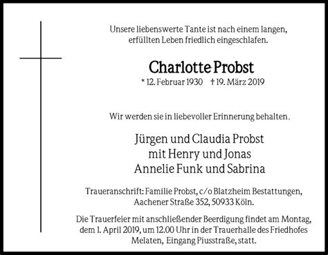 Traueranzeigen Von Charlotte Probst Wirtrauern