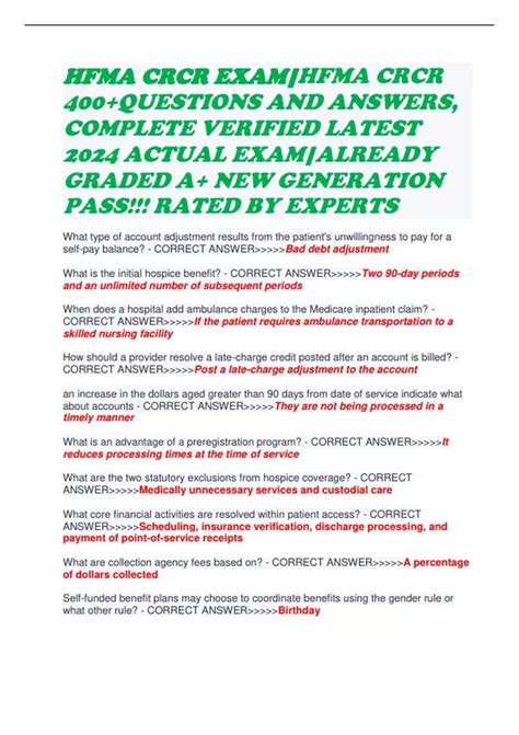 Hfma Crcr Exam Hfma Crcr 400questions And Answers Complete Verified Latest 2024 Actual Exam