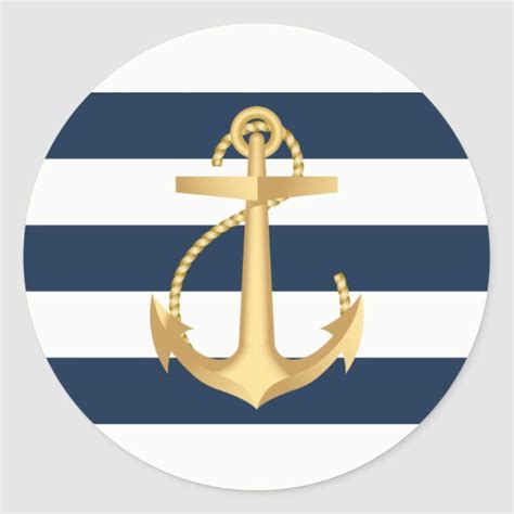 Nautical navy blue silhouette anchor blk rope classic round sticker ...