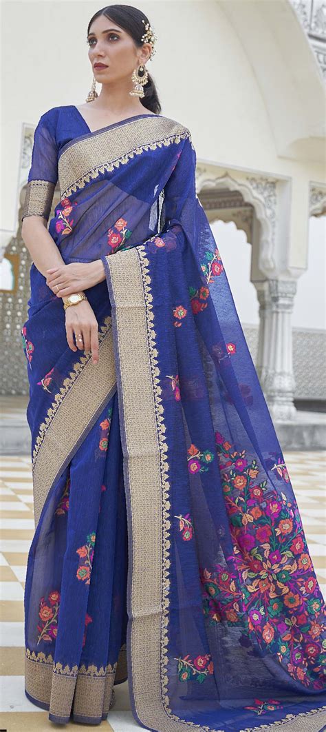 Traditional Blue Color Linen Fabric Saree 1760510