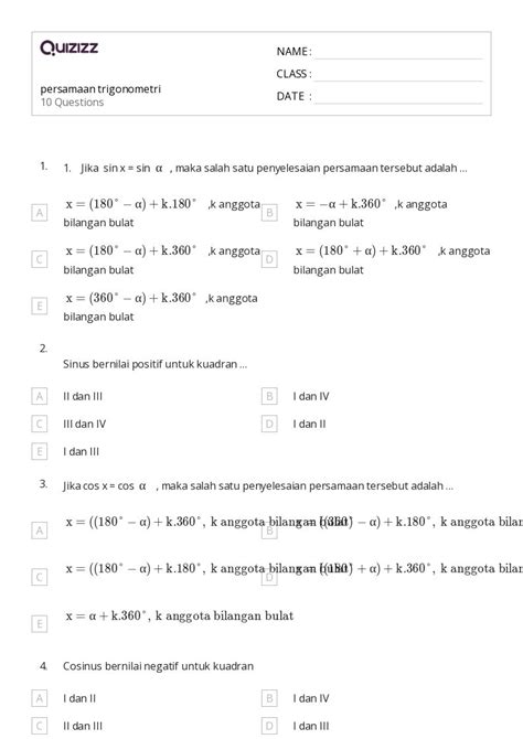 Lembar Kerja Persamaan Trigonometri Untuk Kelas Di Quizizz