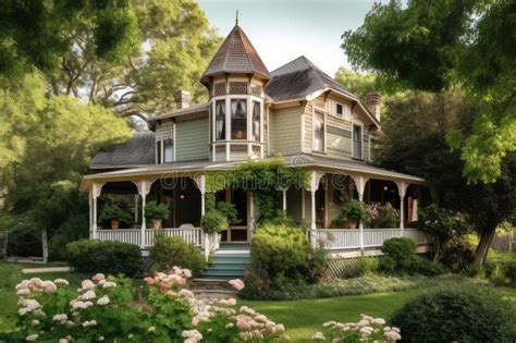 Victorian House With Wrap Around Porch Surrounded By Lush Greenery