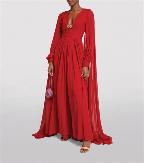 Elie Saab Red Silk Pleated Cape Dress Harrods UK