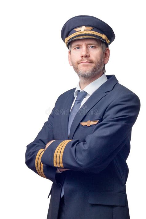 Pilot In Captain Uniform With 4 Golden Stripes And Cap Crossed His Arms