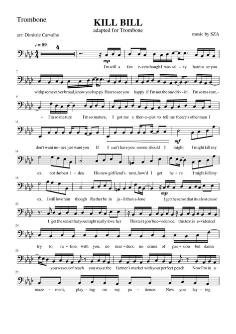 Kill Bill Arr Dimitrie Carvalho By Sza Sheet Music For Trombone Solo