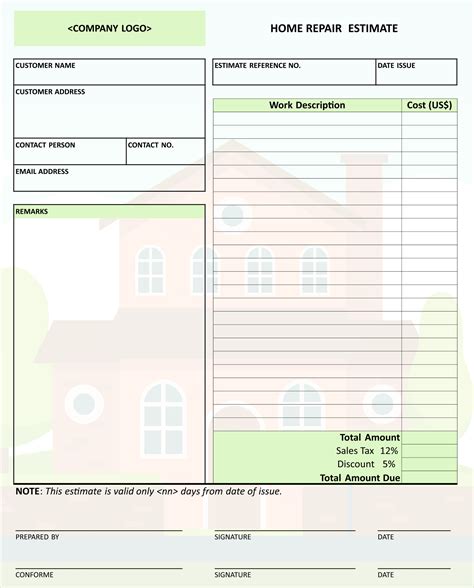 Printable Home Repair Estimate Template
