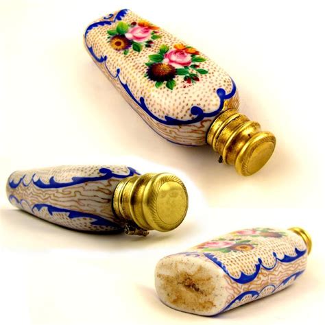 Antique Hand Painted Flowers Gilt Porcelain Hinged Scent Perfume Bottle Perfume Bottles