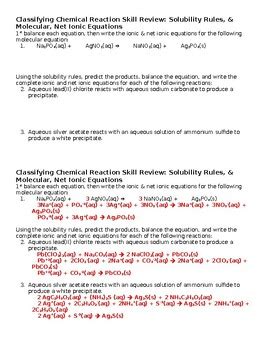 Balancing Classifying Reactions Unit Review Solubility