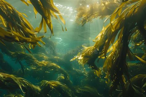 Sunlight Streaming Through Lush Kelp Forest Underwater Ecosystem Stock