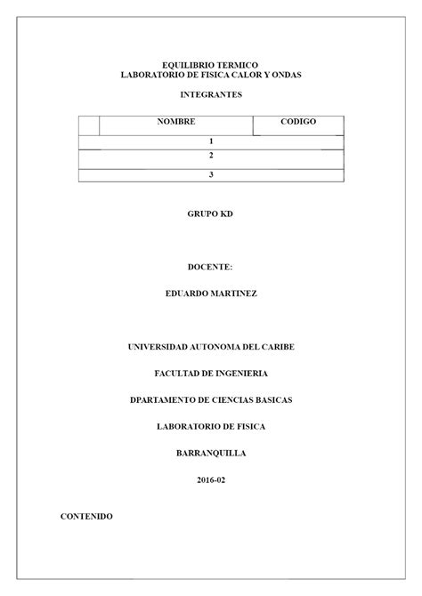 Equilibrio Termico Laboratorio De Fisica Calor Y Ondas Integrantes