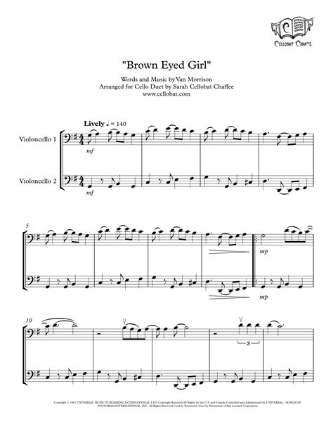 Brown Eyed Girl Arr Sarah Cellobat Chaffee By Van Morrison Sheet