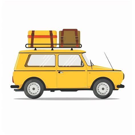 A Yellow Van With A Suitcase On The Roof Is Painted On A White